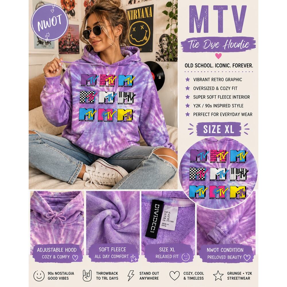 MTV Tie Dye Hoodie Purple Y2K Retro Music Television Sweatshirt XL
